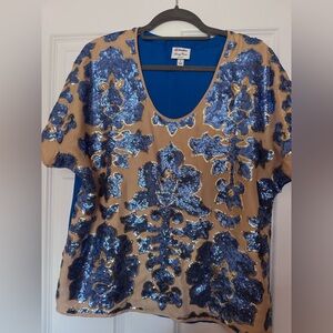 Tracy Reese Blue Sequin Floral Scoop Neck Top
